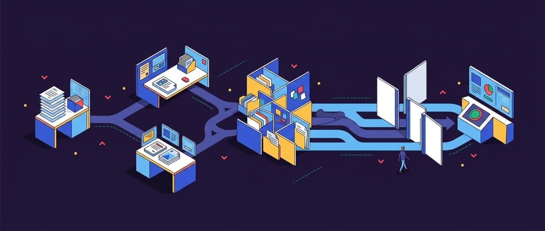 Isometric illustration: A branching workflow of a loan application moves through modular office stations, passing through document stacks, a bot
