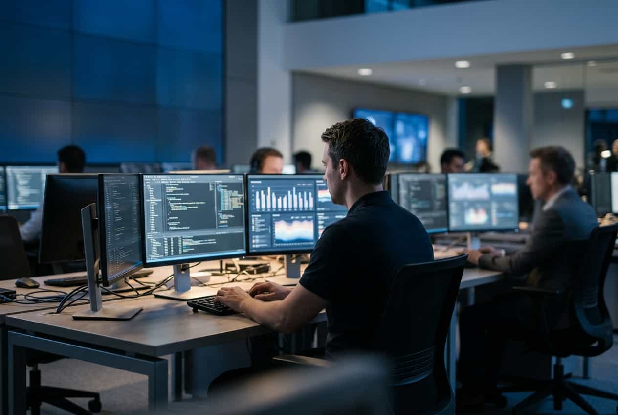 Engineers working at multi-screen workstations