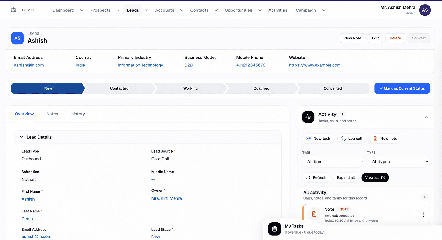 CRMIQ lead record after authenticating