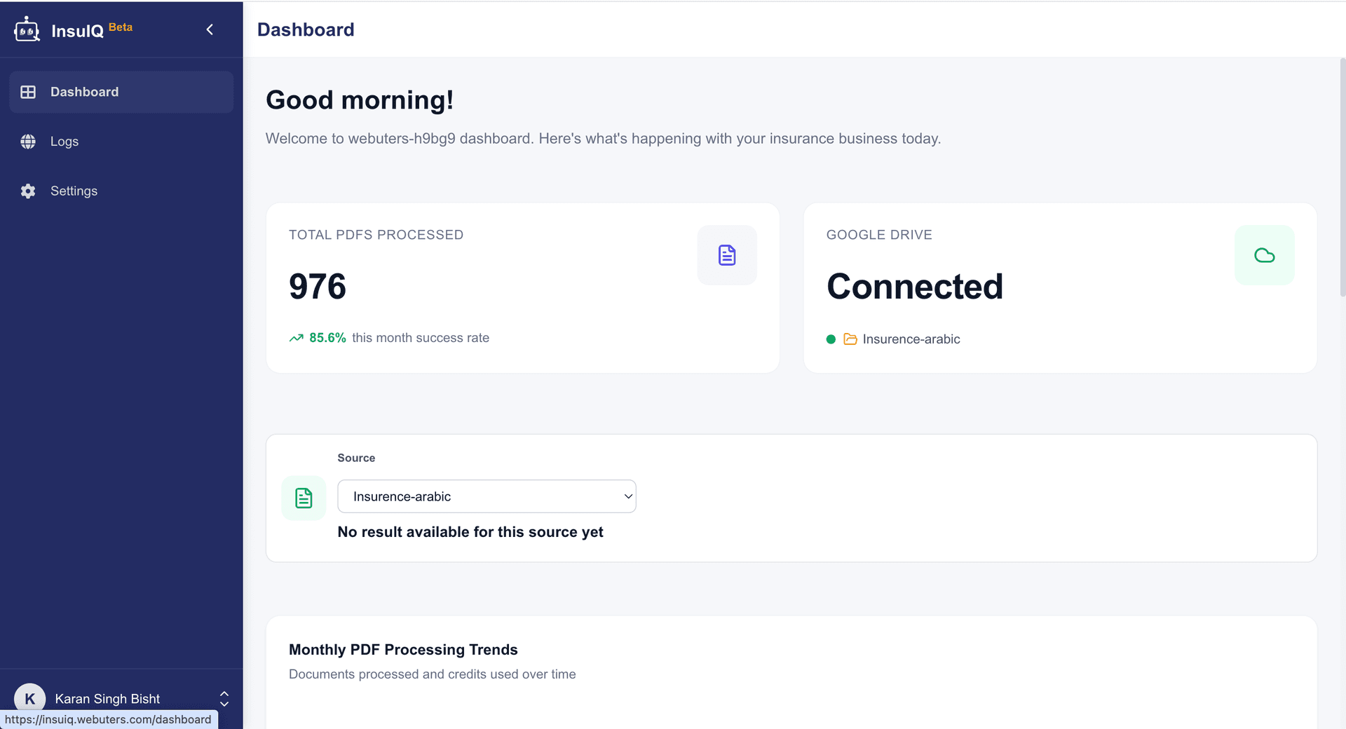 InsuIQ dashboard with processing stats