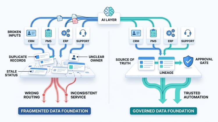 Comparison diagram showing broken enterprise data causing wrong AI actions versus governed data enabling trusted automation.