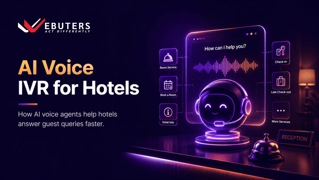 AI voice agent for hotels managing guest queries through a futuristic IVR interface with hotel service icons