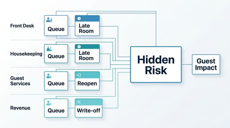 Diagram showing front desk, housekeeping, guest services, and revenue signals converging into one hidden hotel operational risk.