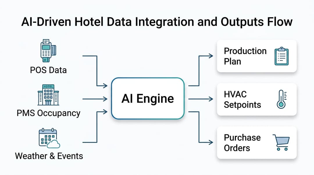 Flow diagram showing data sources feeding into AI engine and outputting production plan, HVAC setpoints, and purchase orders for hotel optimization.