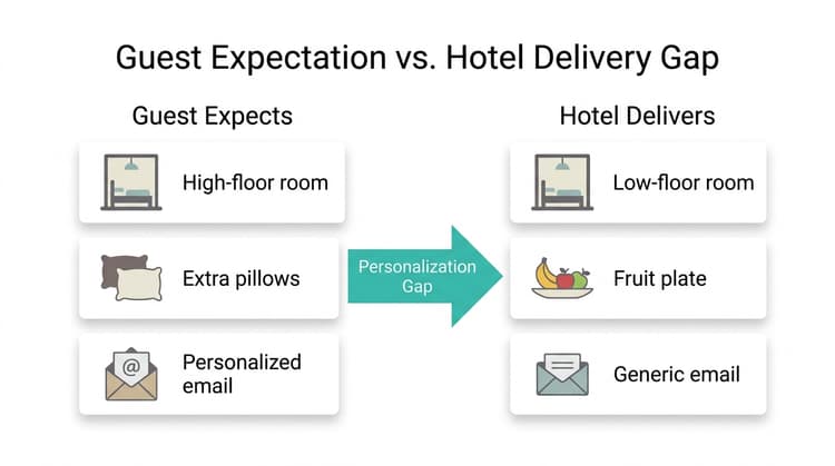 Comparison of guest expectations (high-floor, pillows, personal email) vs. hotel delivery (low-floor, fruit plate, generic email) with gap arrow