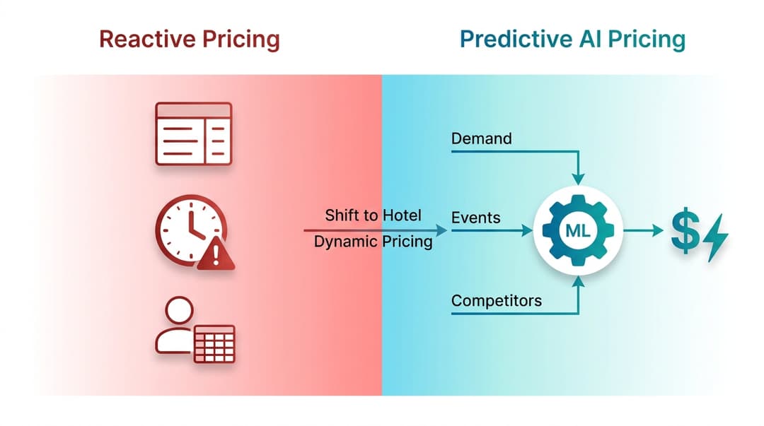 Comparison of reactive hotel pricing (static rates, slow manual changes) vs. predictive AI-driven hotel dynamic pricing (real-time data, optimal rates).