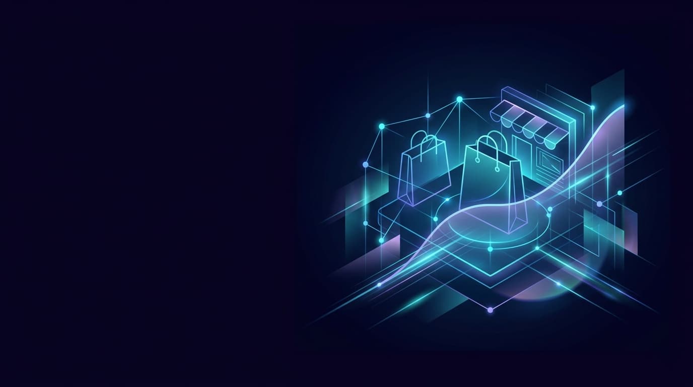 Dark abstract commerce banner with glowing storefront and shopping bags representing Salesforce Commerce Cloud
