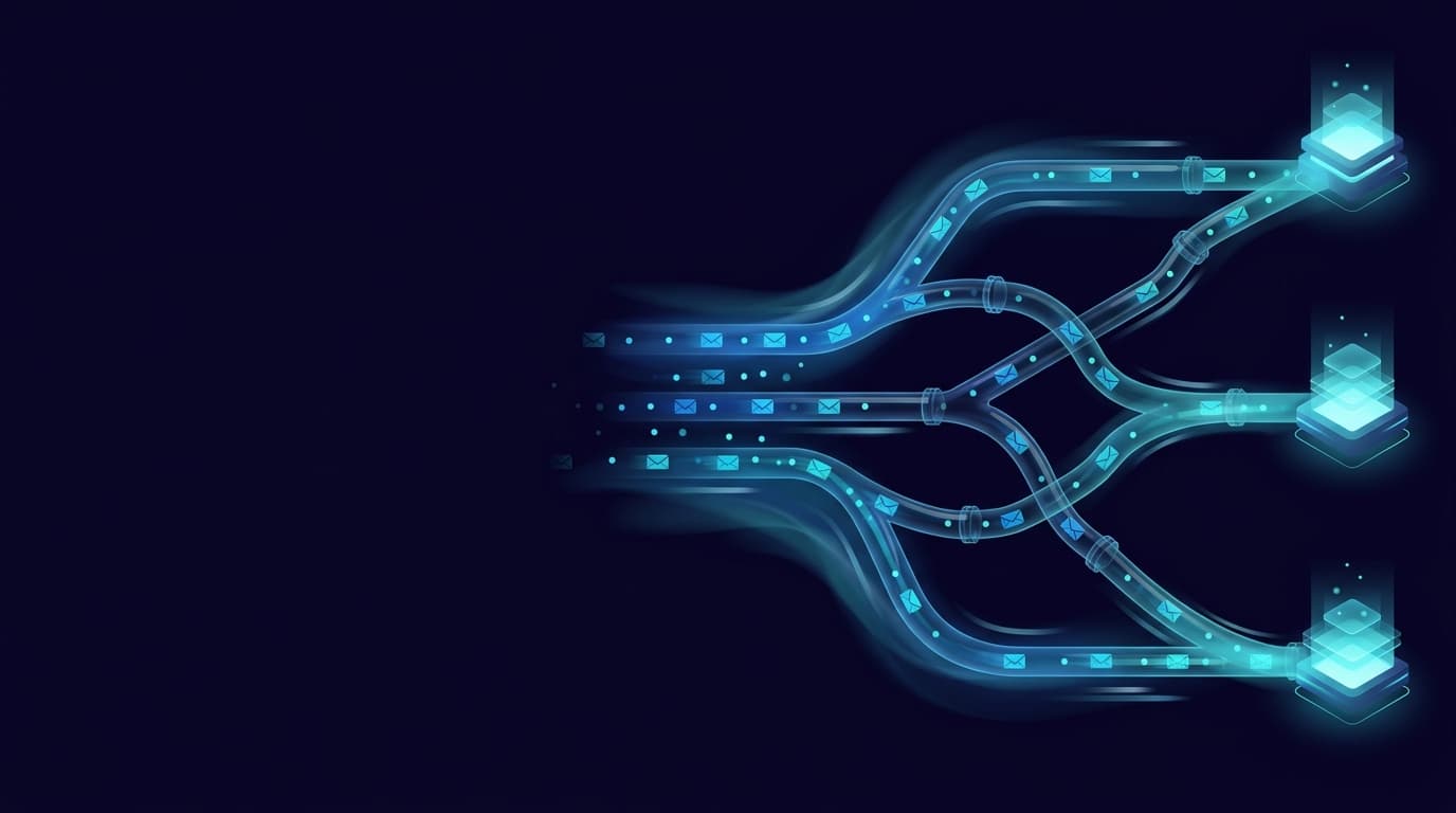 Dark abstract banner of message streams flowing through branching pipes to three destinations, representing AWS messaging services