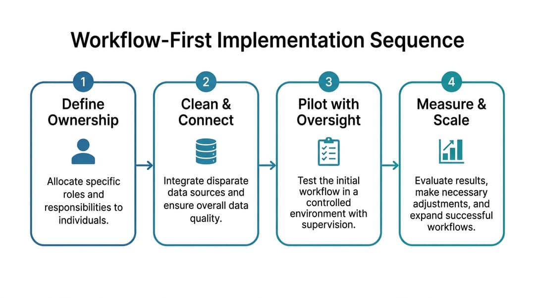 Four-step process infographic showing Zoho AI adoption: define ownership, clean data and connect systems, pilot with oversight, measure outcomes and scale.