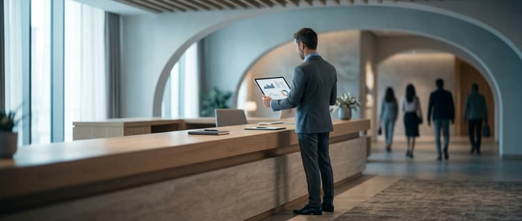 Isometric illustration: A hotel manager in professional attire stands at the reception desk, back to camera, studying sentiment analysis dashboa