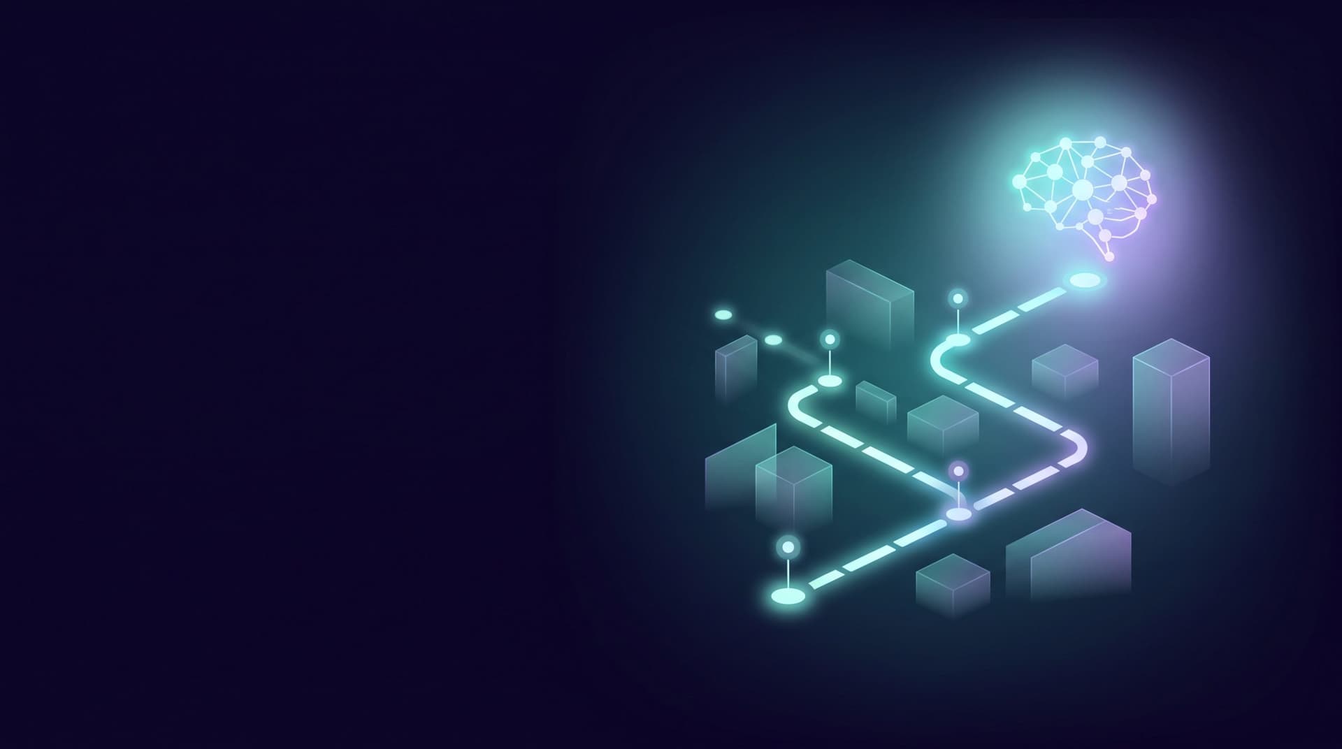 Glowing path threading through obstacle blocks toward a neural network core on dark navy