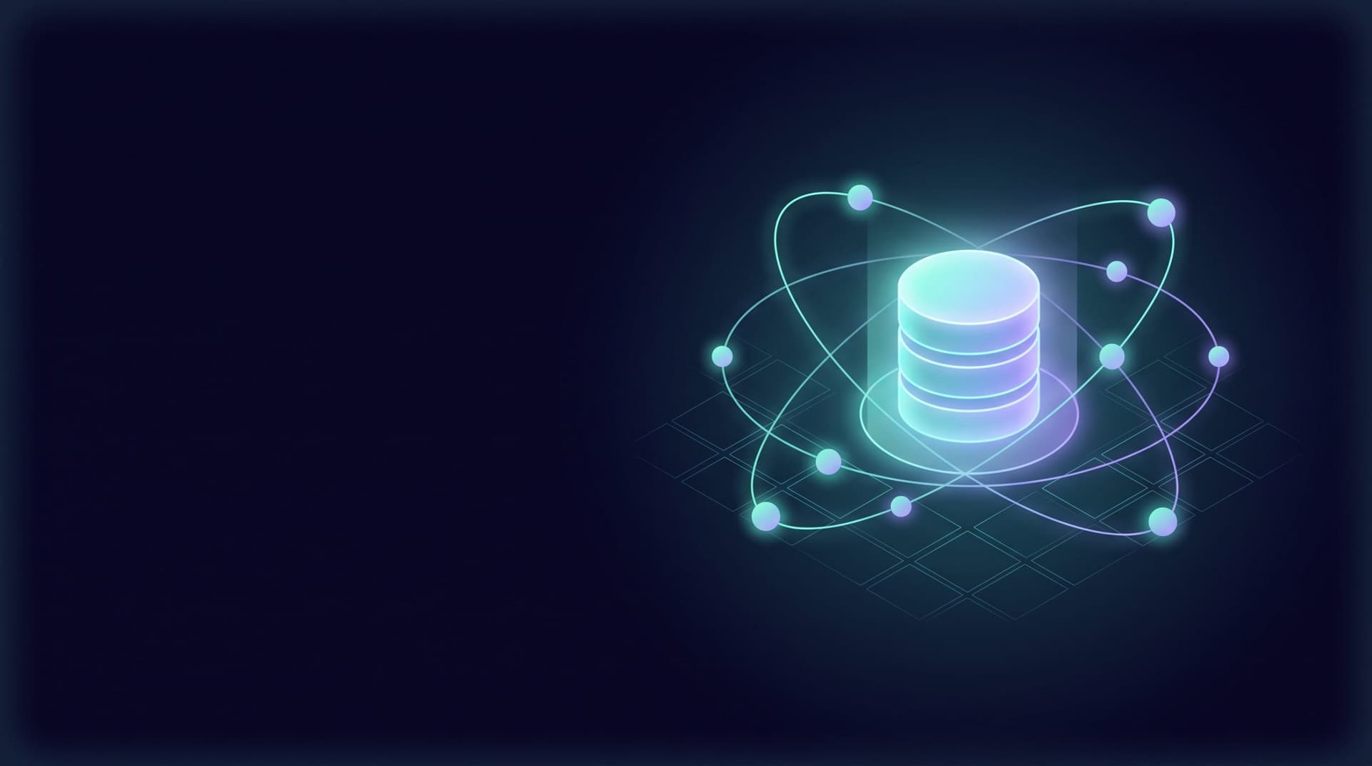 Glowing CRM database with orbiting AI agent nodes on a dark navy background