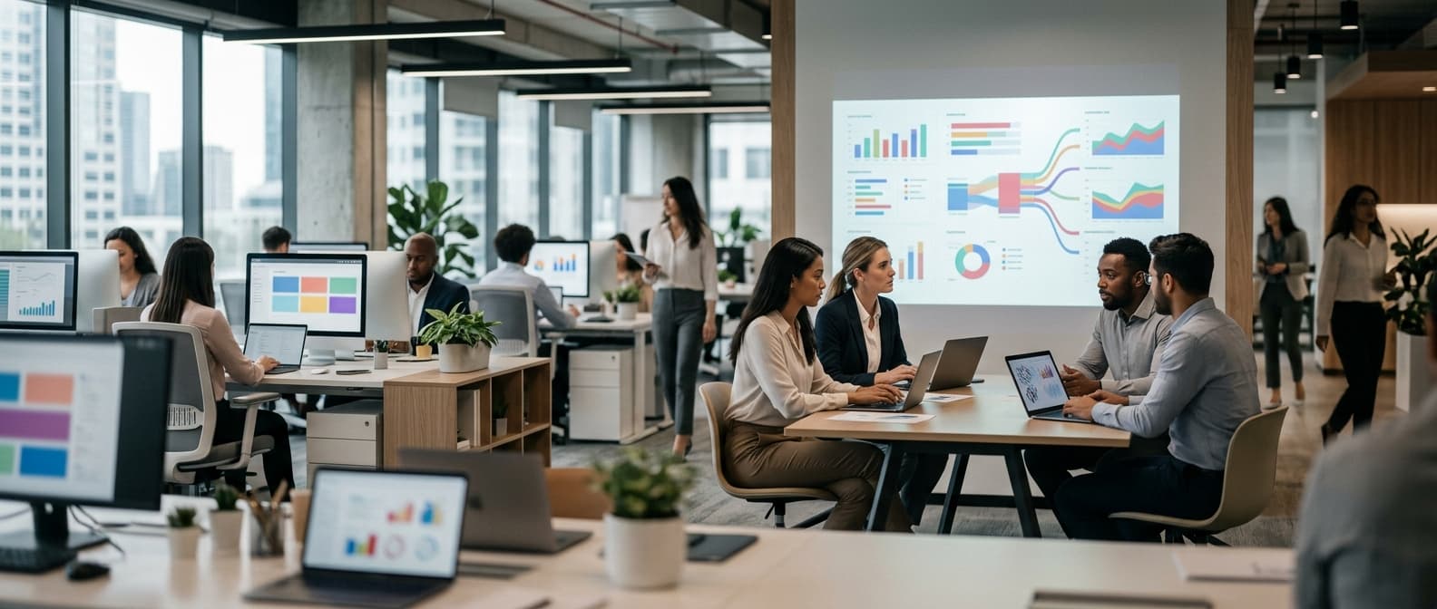 Isometric illustration: An open-plan office with diverse professionals at desks, using laptops and tablets, and a large wall display showing abs