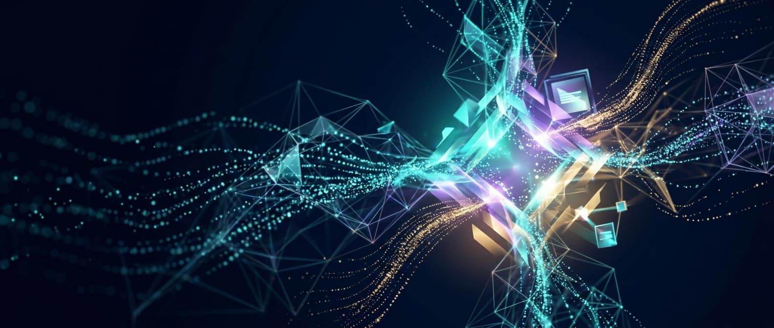Isometric illustration: Interlocking geometric lattices pulse with streams of glowing particles, representing data retrieval, cache memory block