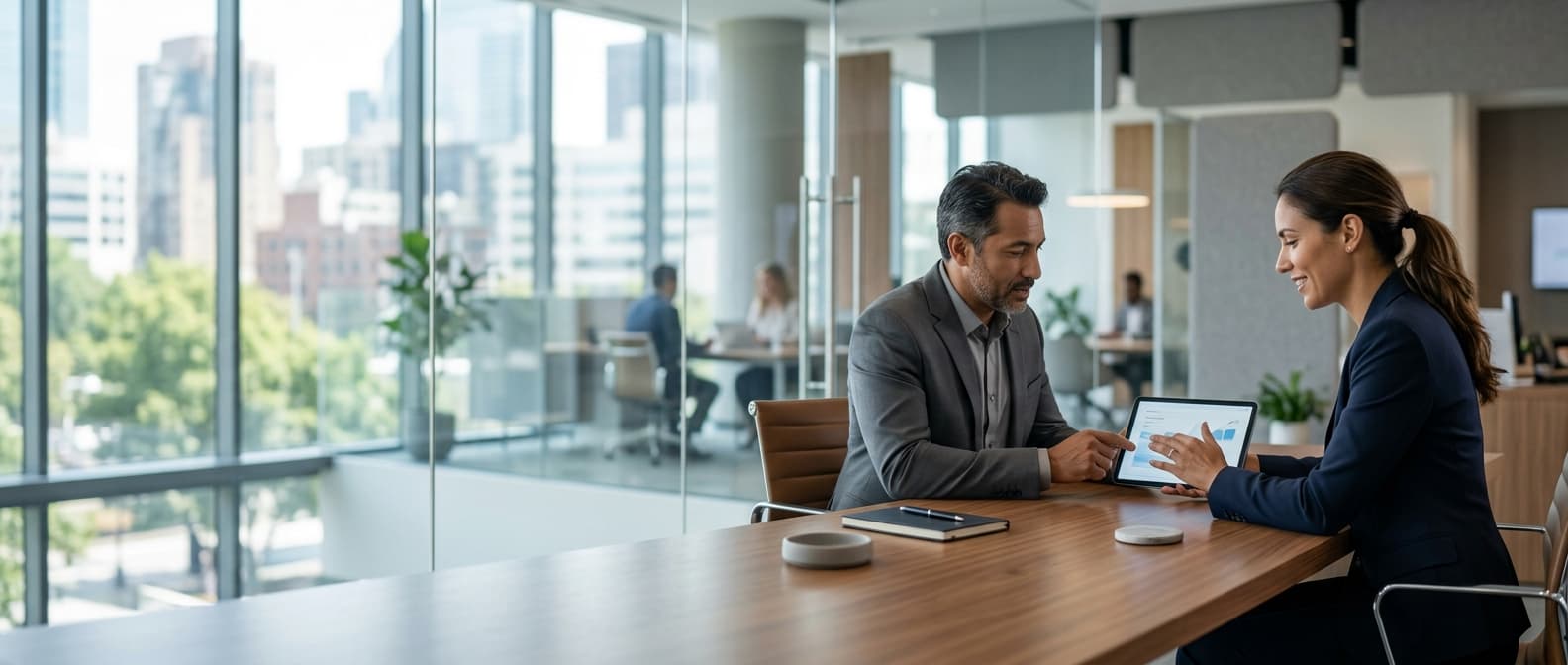 Isometric illustration: A modern bank branch interior with a financial professional and a client reviewing a tablet across a polished desk, larg