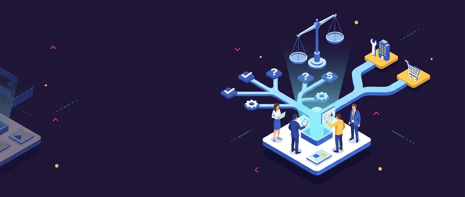 Illustration: A flat isometric scene shows three generic professionals in office attire standing on a floating platform, examining a h