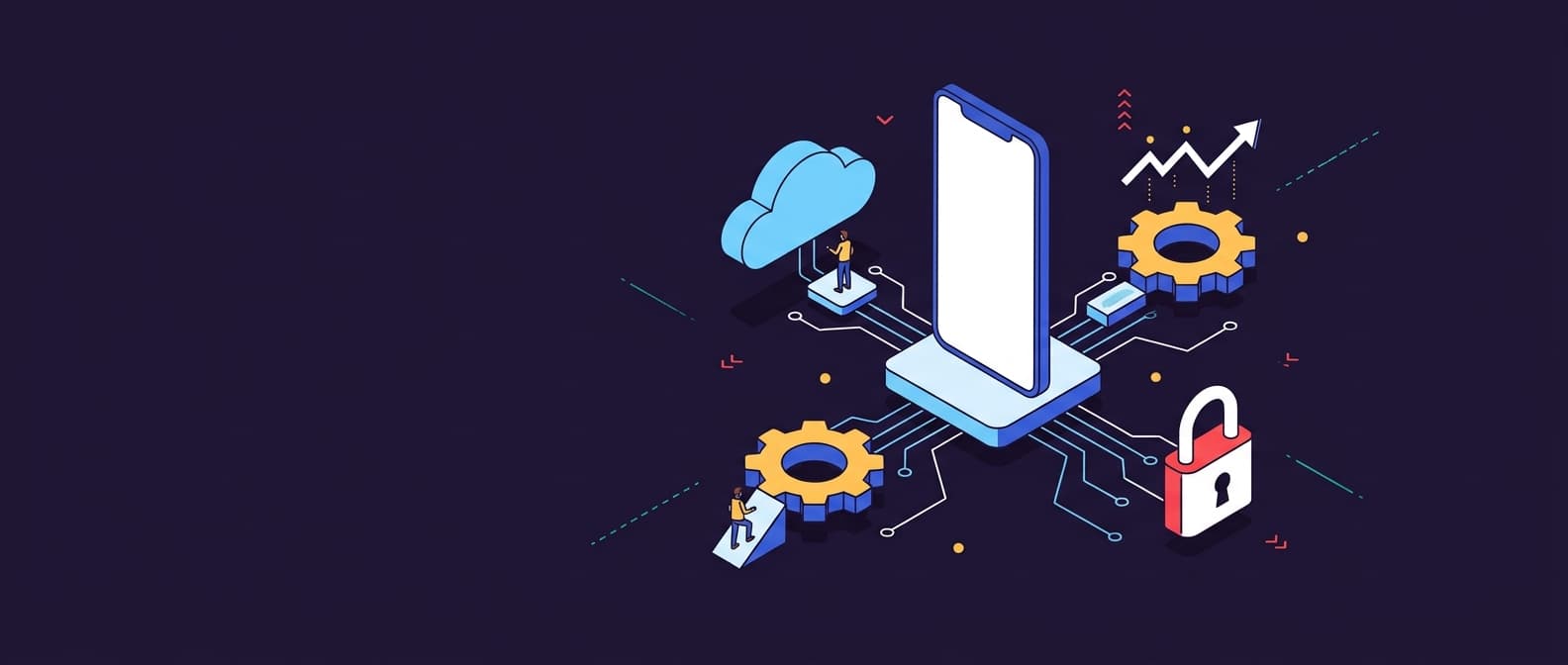 Illustration: A large blank smartphone on a pedestal, surrounded by four floating concept objects—a cloud, a gear, a lock, and an asce