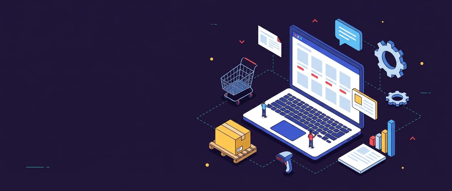 Illustration: An isometric scene of a B2B ecommerce website improvement: a large laptop screen displays a simplified product grid, sur