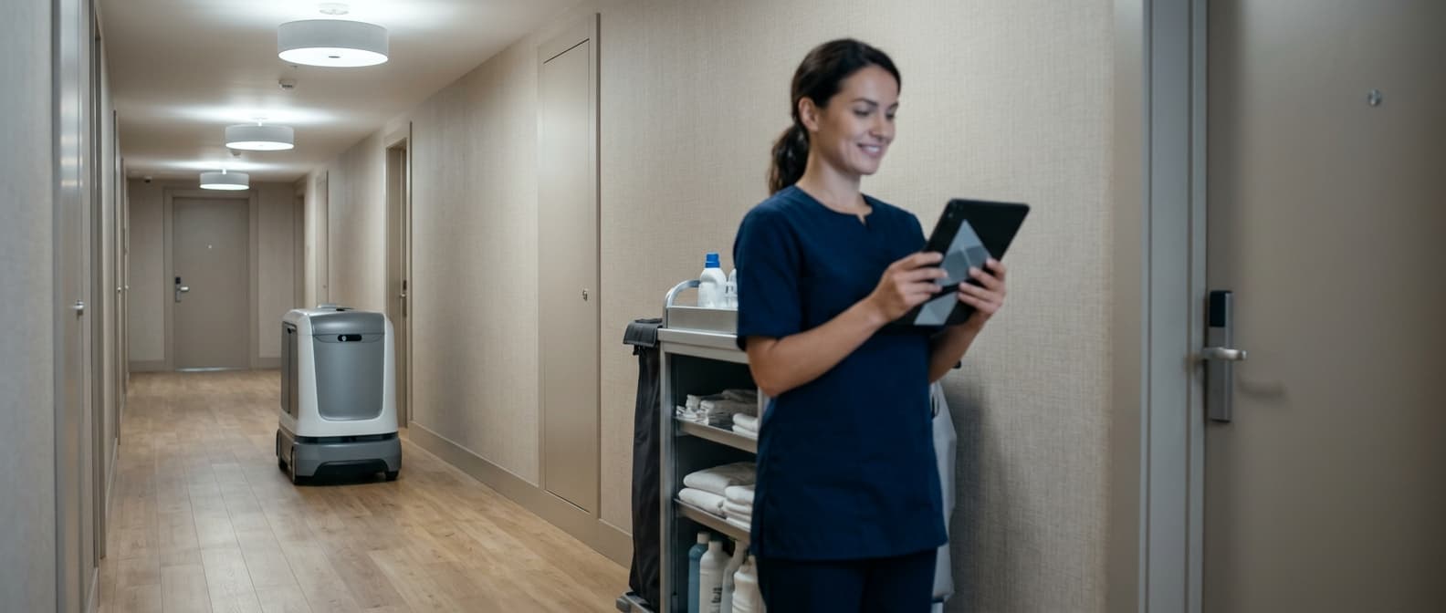 Photo: A hotel housekeeper in a plain uniform stands beside a housekeeping cart in a clean hotel hallway, holding a blank table