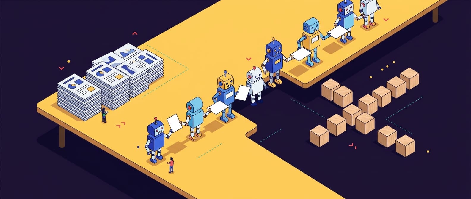 Illustration: On a polished conference table, a row of small hinged robot figures passes blank paper sheets to one another across a ga
