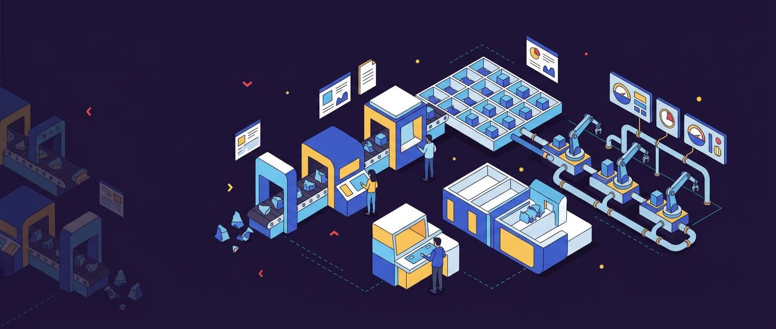 Illustration: An isometric cutaway of a corporate operations floor where raw, jagged data chunks move along a conveyor through filteri