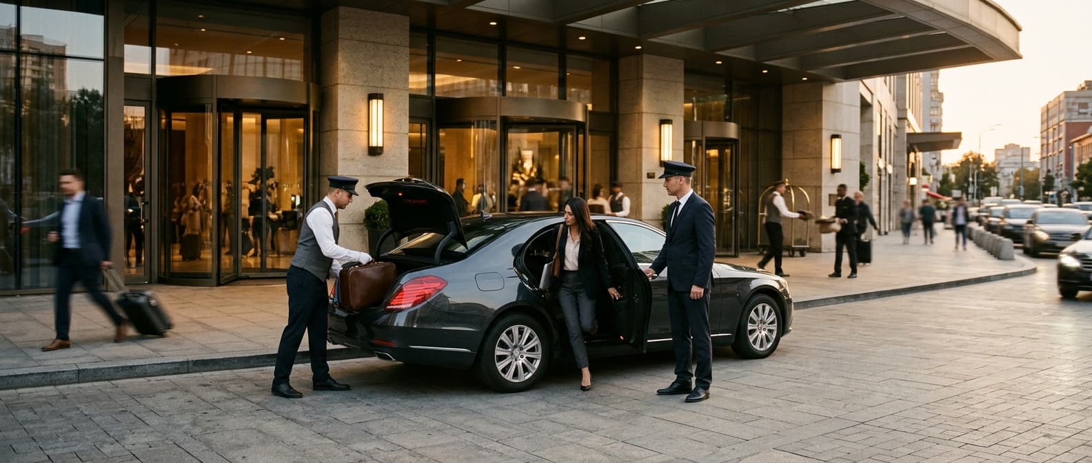 Photo: A busy hotel entrance at golden hour, with a uniformed driver standing by an open car door, a bell attendant loading lug