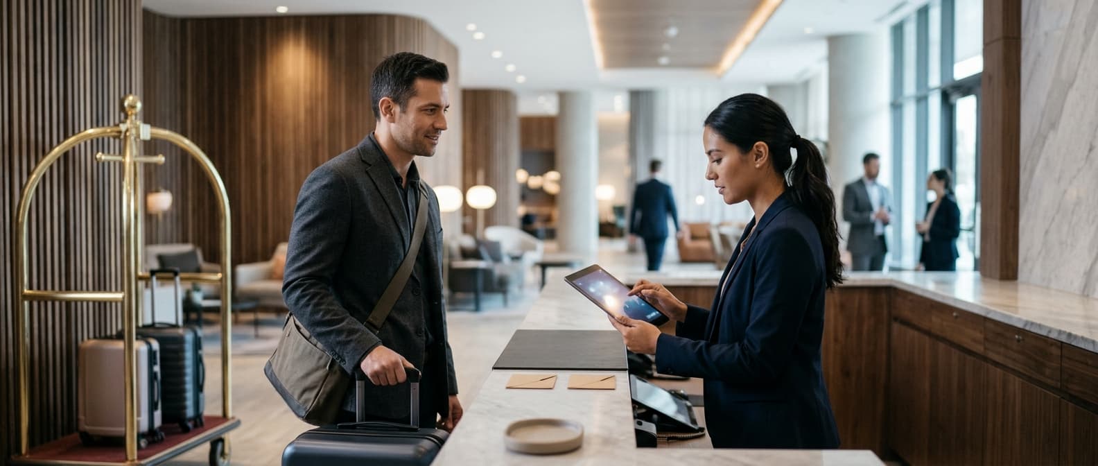 Photo: A hotel front desk clerk reviews a guest profile on a tablet while a guest stands with a suitcase in a warm, modern lobb