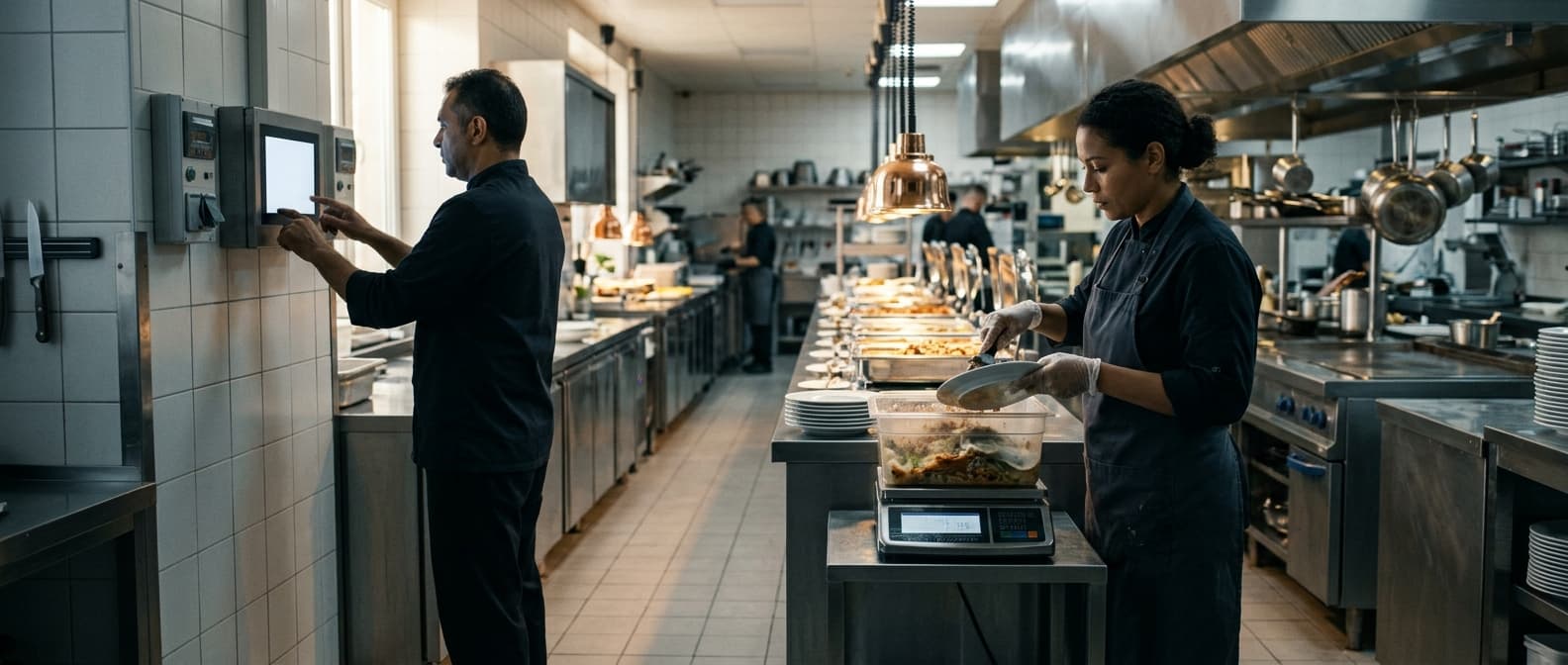 Photo: A hotel kitchen at midday, one staff member scraping plate waste into a clear bin on a scale while another adjusts a wal