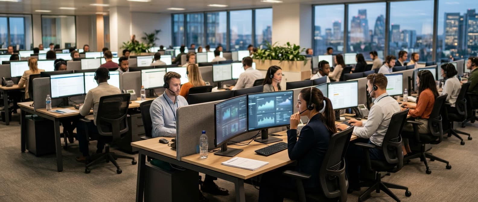 Photo: A wide view of a modern customer service contact center floor at dusk, with rows of generic agents in headsets seated at