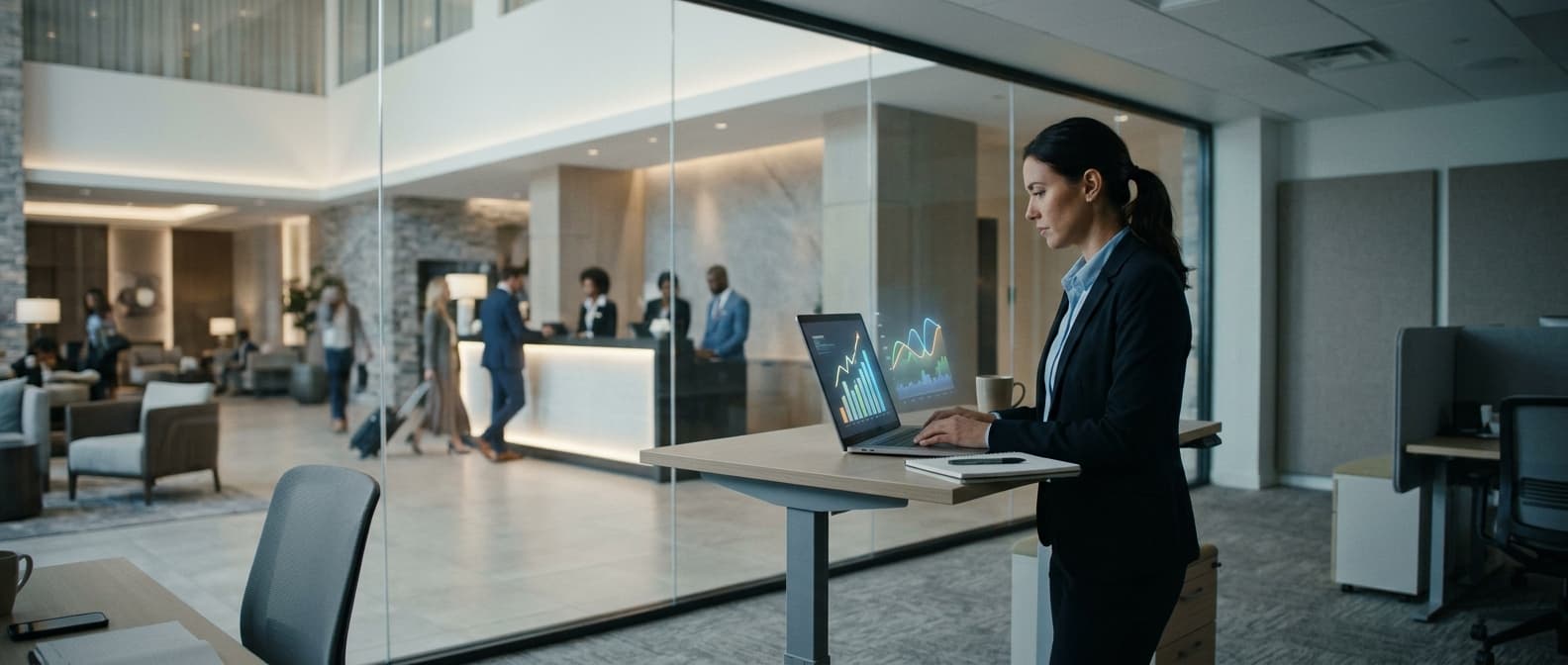 Photo: In a modern hotel back office, a revenue manager in business attire examines a laptop showing abstract upward-trending o