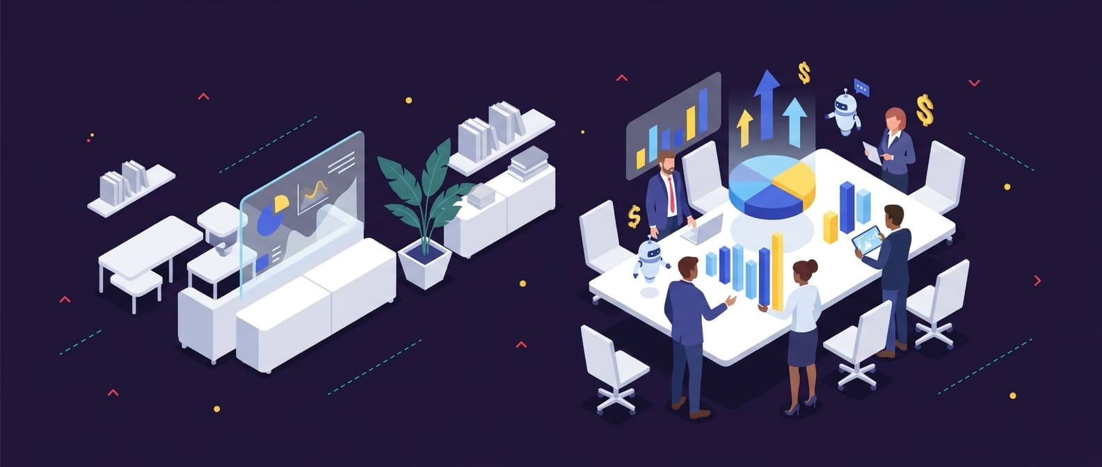Illustration: A clean isometric scene of a boardroom where diverse generic business professionals stand around a table examining large