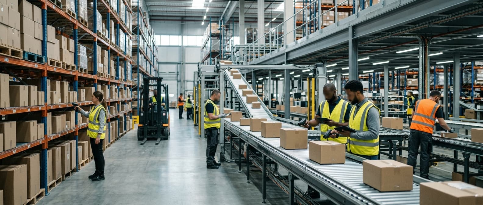 Photo: A wide interior view of a modern distribution center with tall shelving racks, automated conveyor belts moving plain car