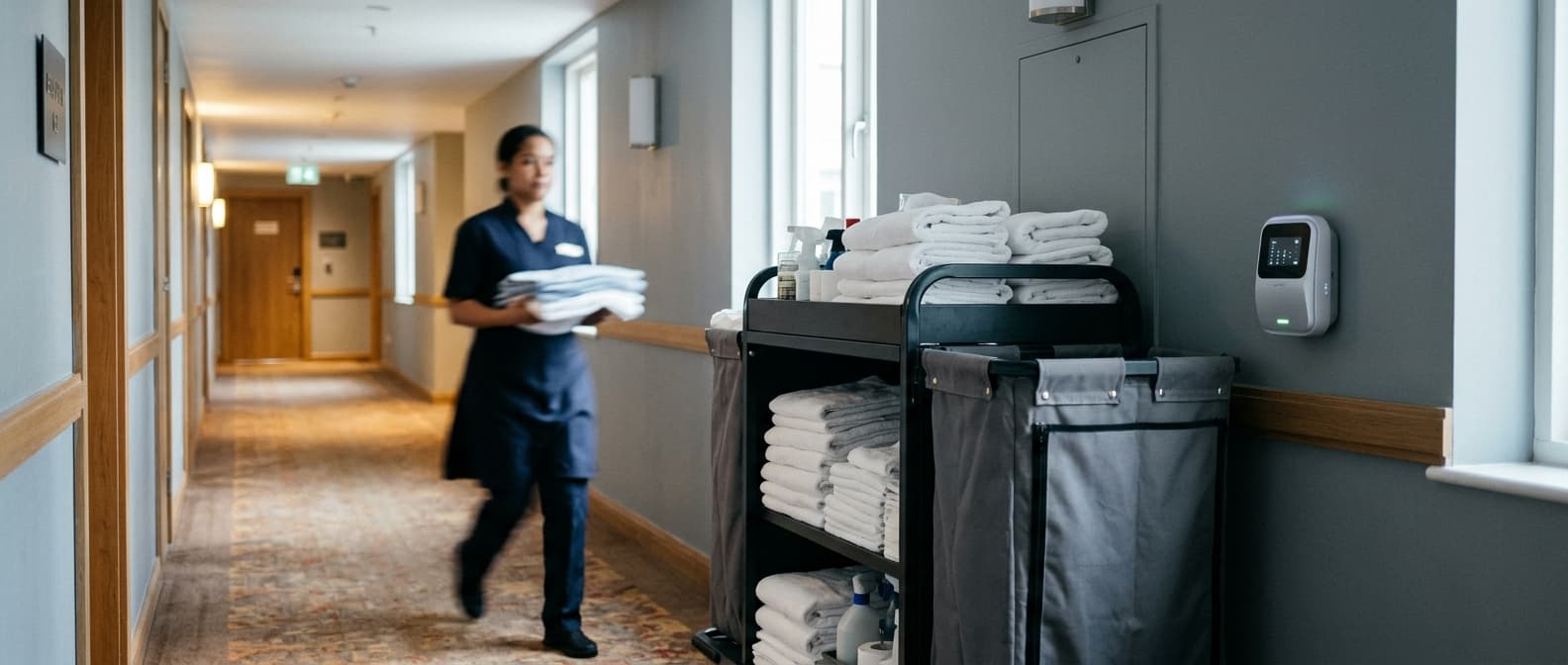 Photo: A hotel service corridor with a housekeeping cart, folded linens, and a wall-mounted sensor device, while a blurred staf