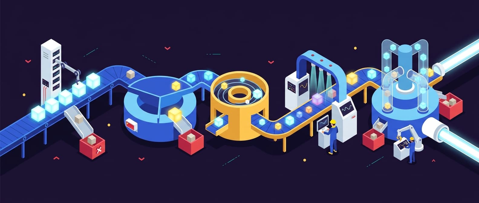 Illustration: An isometric scene of five circular workstations connected by conveyor belts, each containing a different gauging or sor