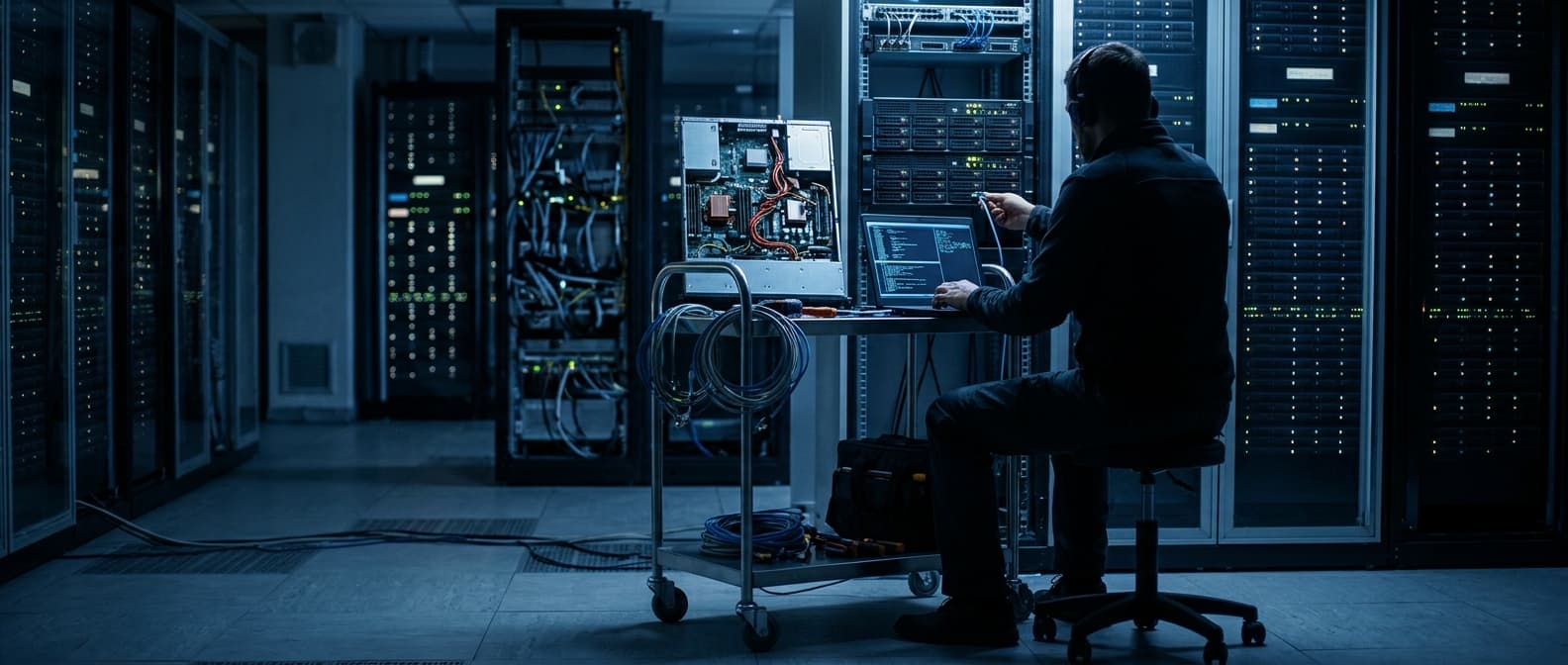 Photo: a system administrator, seen from behind, patches an older rack server from a laptop on a rolling cart in a dim server room.