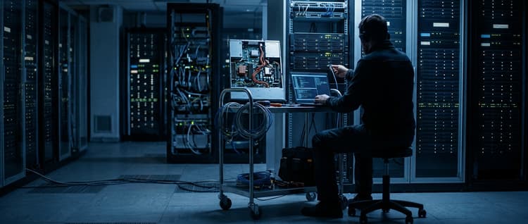 Photo: a system administrator, seen from behind, patches an older rack server from a laptop on a rolling cart in a dim server room.