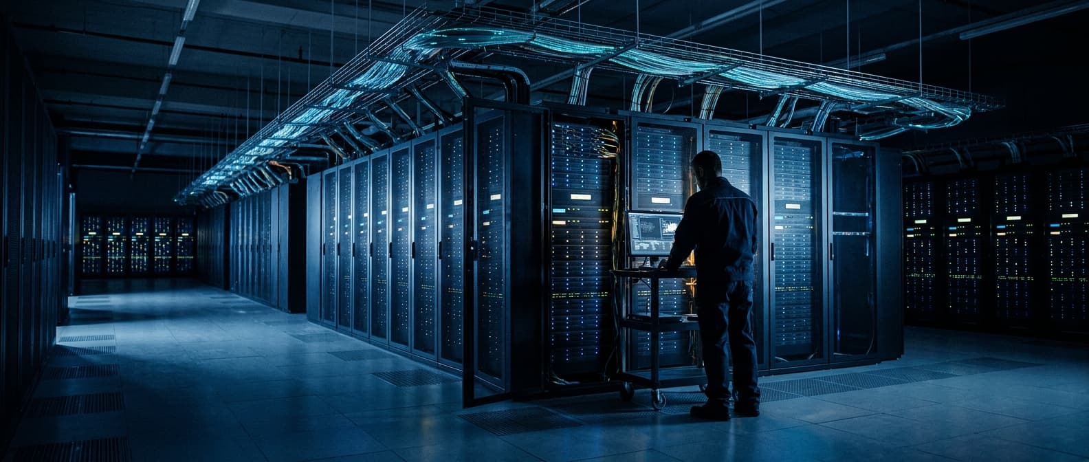 Illustration: Rows of server racks fill a long, cool data center aisle, their small status lights blinking in patterns while thick bun