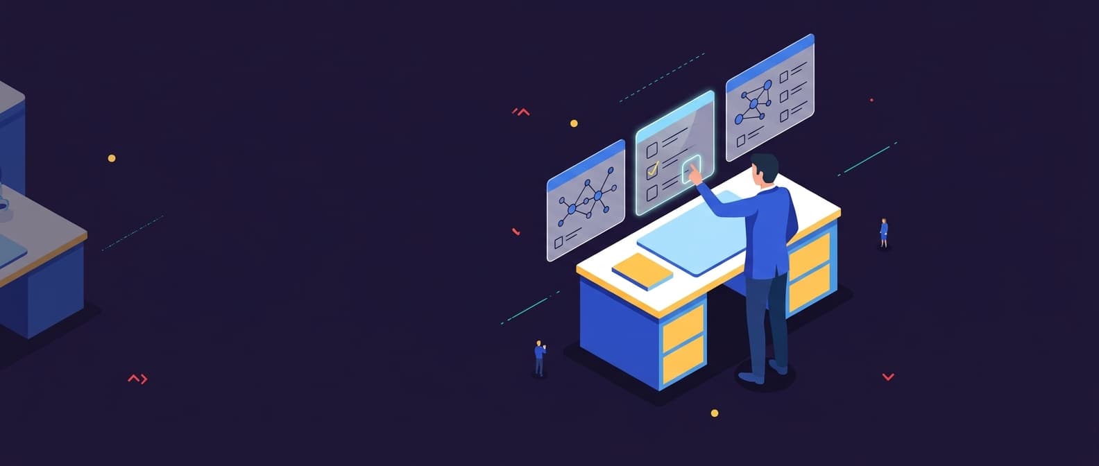 Illustration: A business professional stands beside a large desk, examining three floating translucent panels that hover in a row, eac