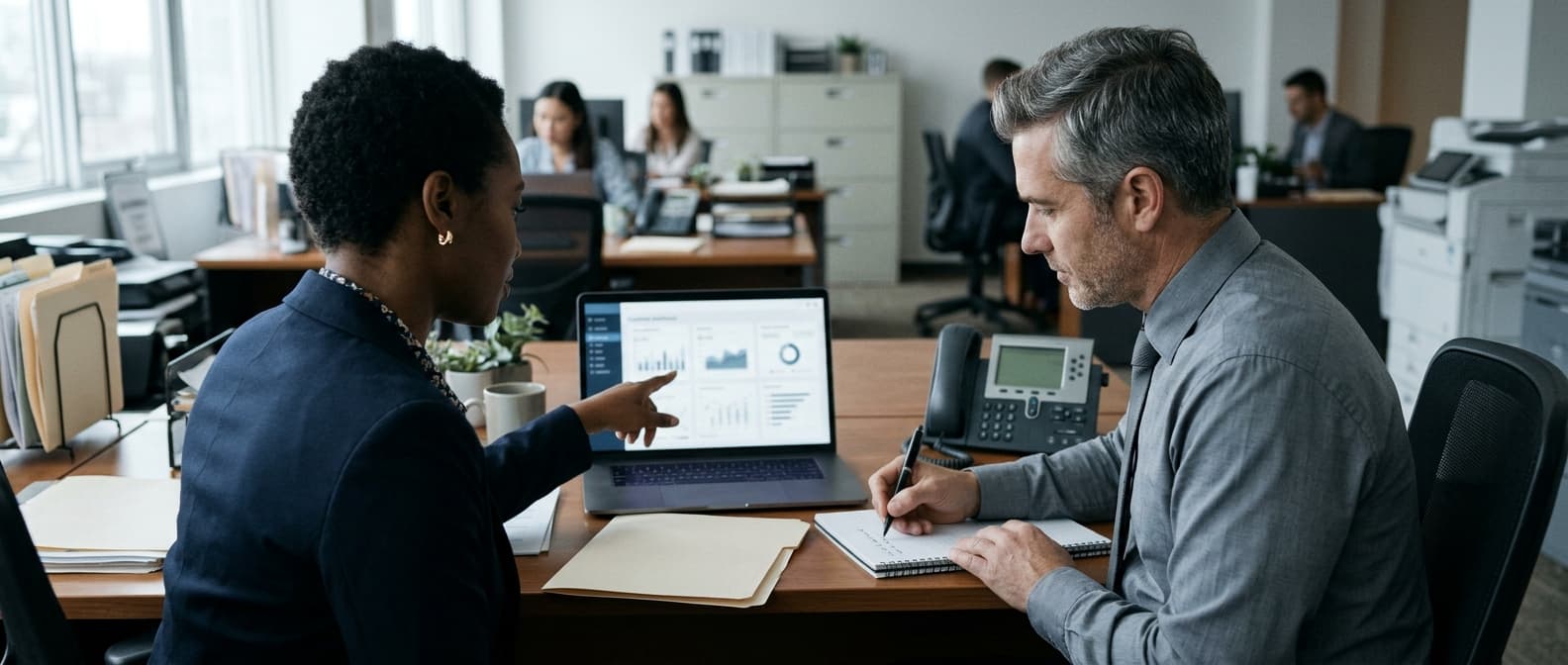 Photo: An over-the-shoulder view of two insurance professionals at a desk in a modest agency office, one pointing at a laptop s