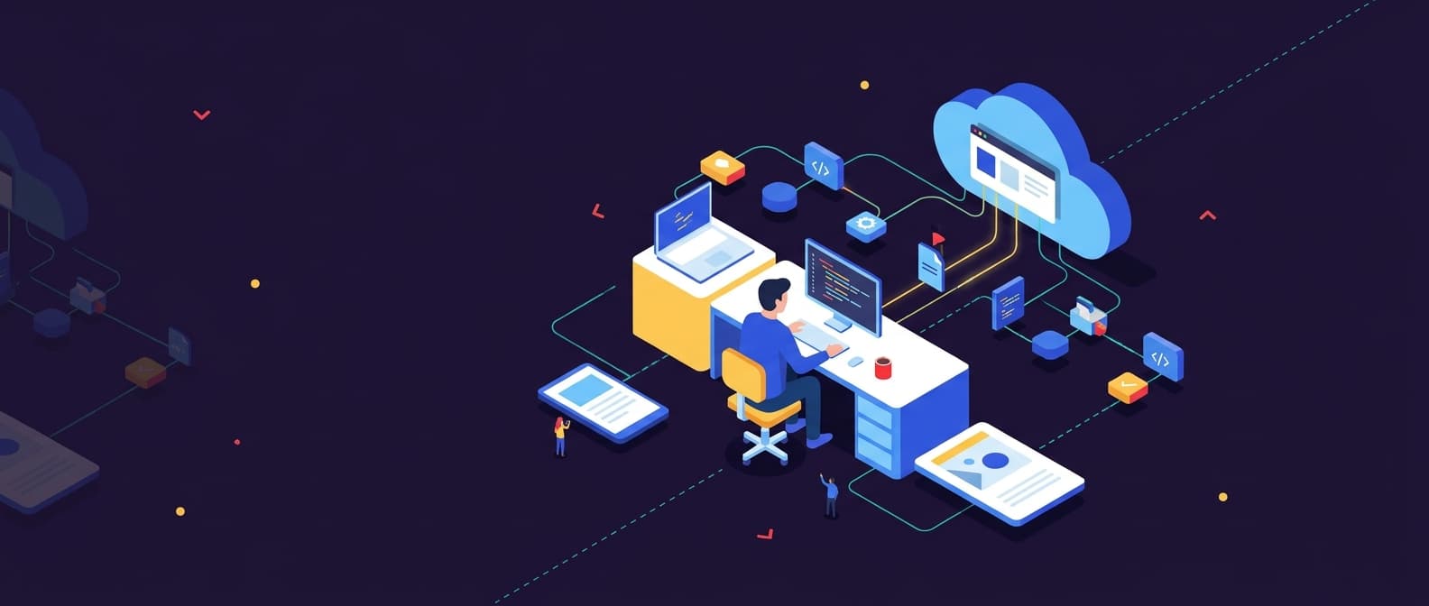 Illustration: A developer figure at a modular workstation traces glowing connection lines through a branching cloud platform structure