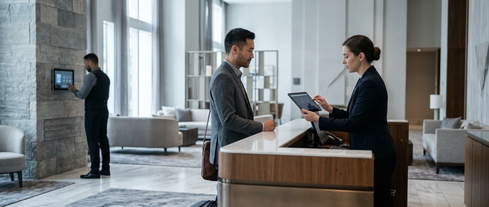 Photo: A hotel front desk scene with a receptionist using a tablet to check in a guest, while a concierge in the background adj