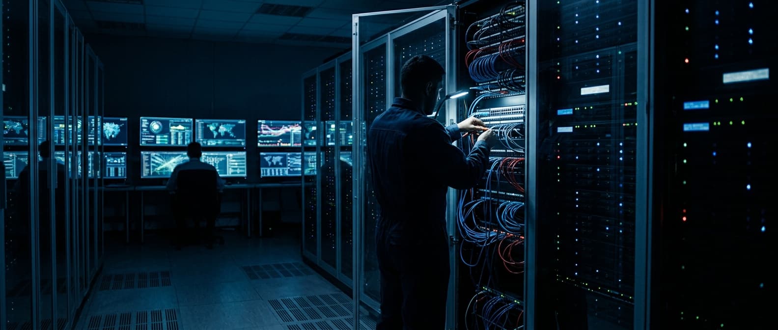 Isometric illustration: A dimly lit network operations center with rows of server racks, a technician in shadow examining a patch panel while se