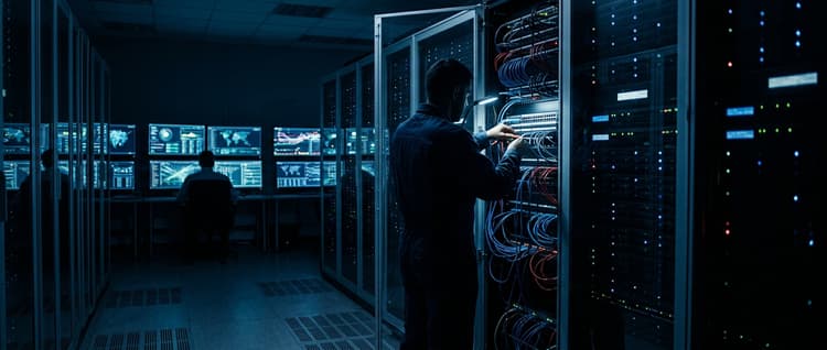 Isometric illustration: A dimly lit network operations center with rows of server racks, a technician in shadow examining a patch panel while se