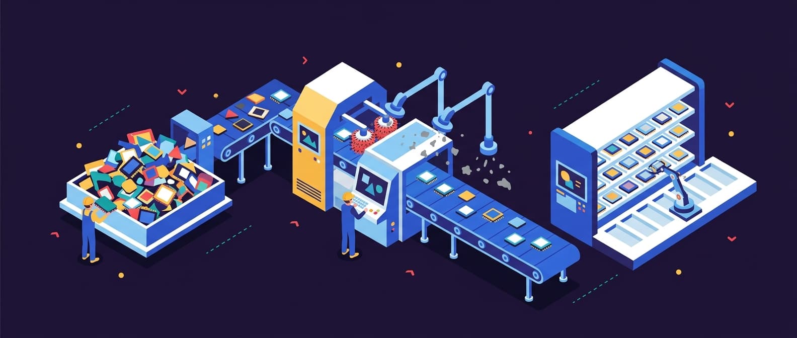 Illustration: In a flat isometric style, a chaotic pile of mismatched geometric data chips is fed through a sorting machine with brush