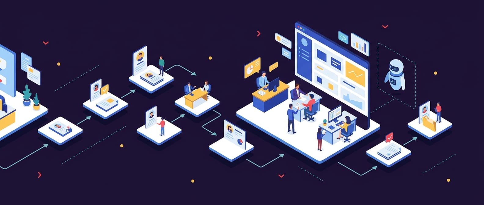 Illustration: An isometric university admissions scene with staff working at desks, a large abstract dashboard showing clean data bloc