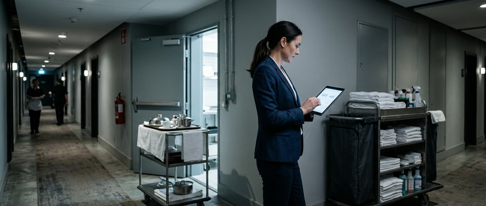 Photo: A hotel general manager in a tailored navy suit stands in a quiet back-of-house corridor beside a housekeeping cart, rev