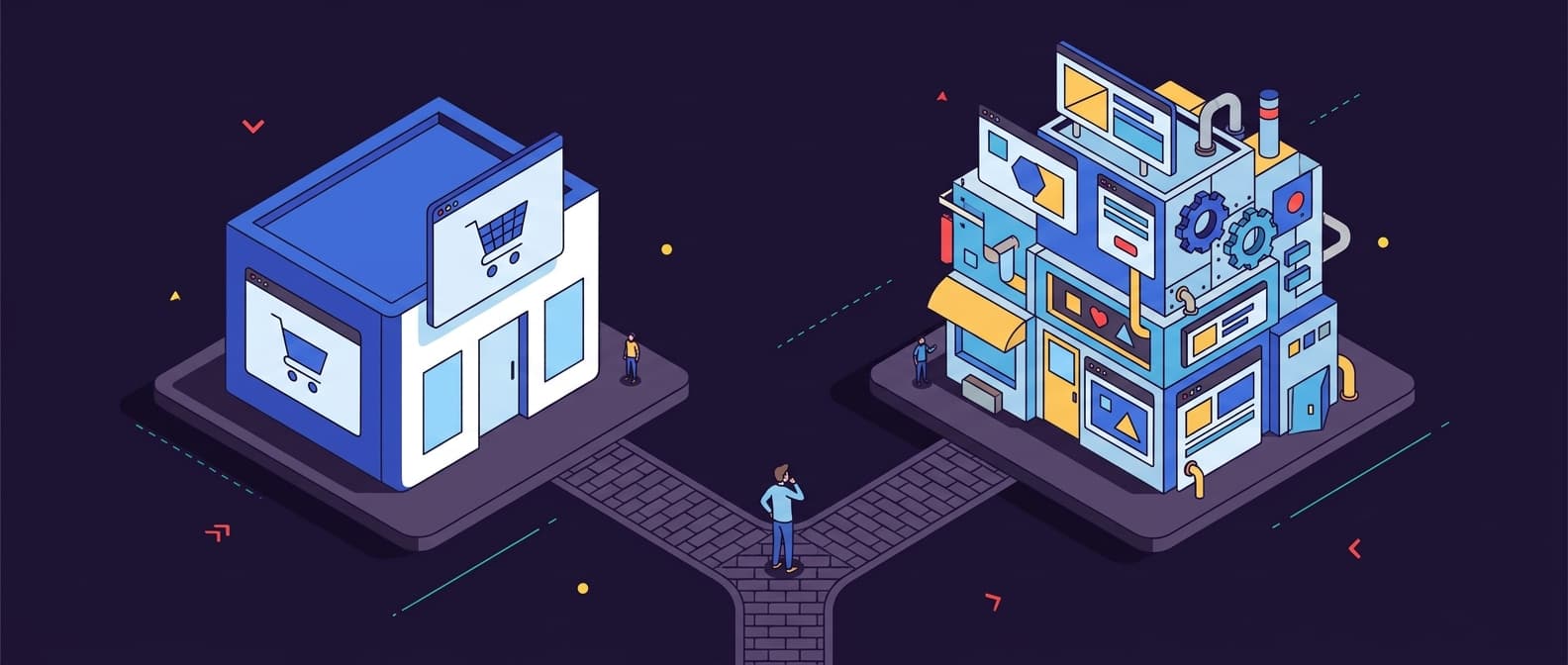 Illustration: A scene showing two contrasting ecommerce storefronts side by side: one is a clean, minimal shop with a single streamlin