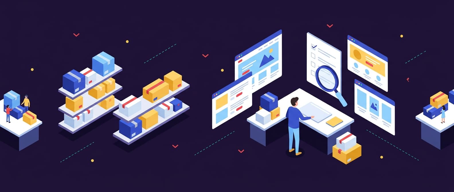 Illustration: A flat isometric scene of an organized workspace with a person comparing several generic ecommerce website layout mockup