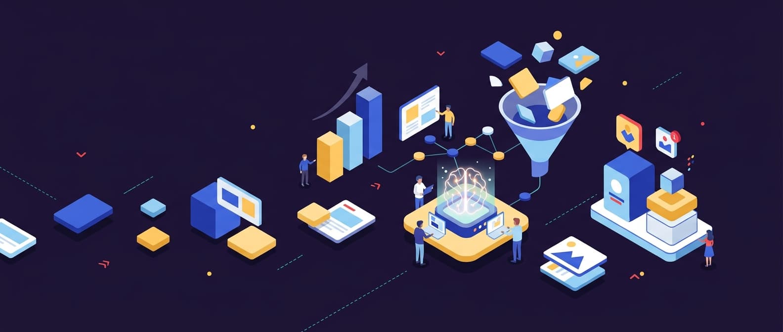 Illustration: An isometric diorama of a marketing workspace shows a small team of generic stylized figures around a central glowing ne
