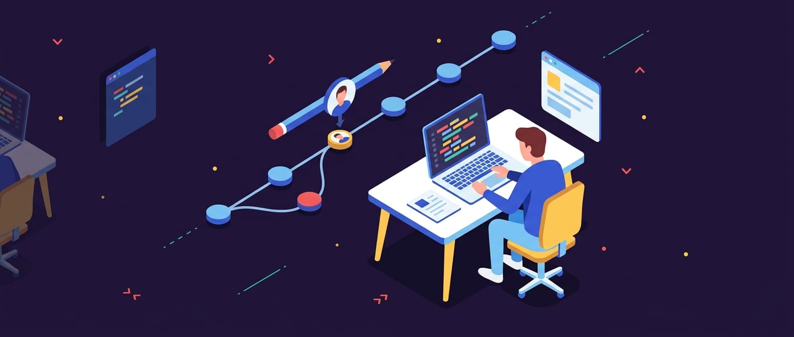 Illustration: An isometric illustration of a developer at a desk with a laptop displaying abstract code blocks, while a large floating